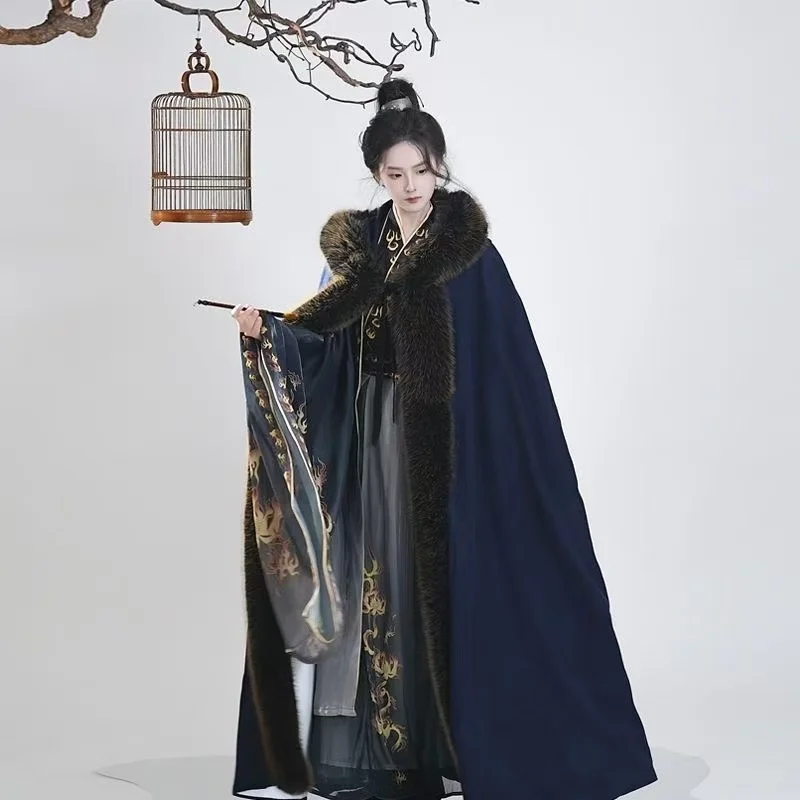 Winter Thicken Velvet Hanfu Cloak Men's Traditional Long Plush Collar Edge Robe Cool Stylish Riding Archery Cape