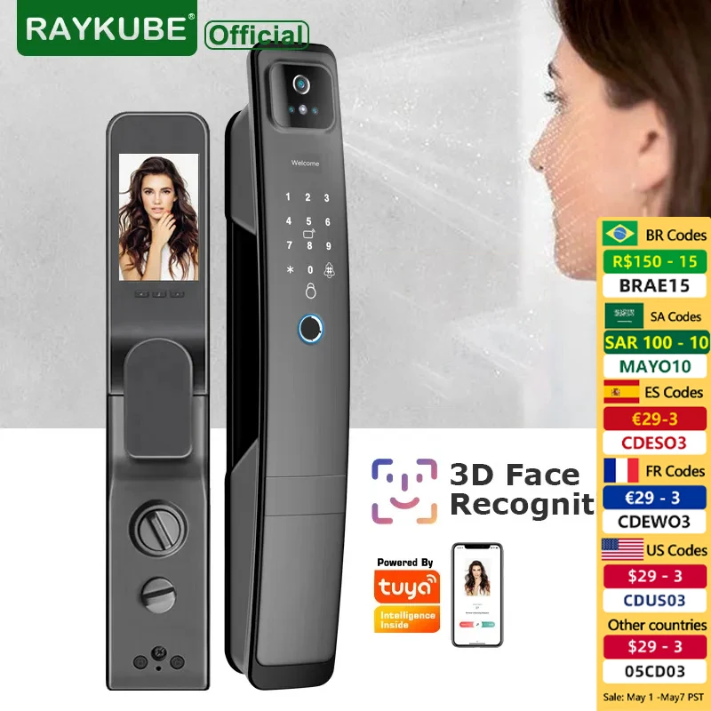 

RAYKUBE DF5 Tuya WiFi Camera Smart Lock 3D Face Recognition Digital Fingerprint Electronic Tuya Smart Door Lock APP/Key/Card
