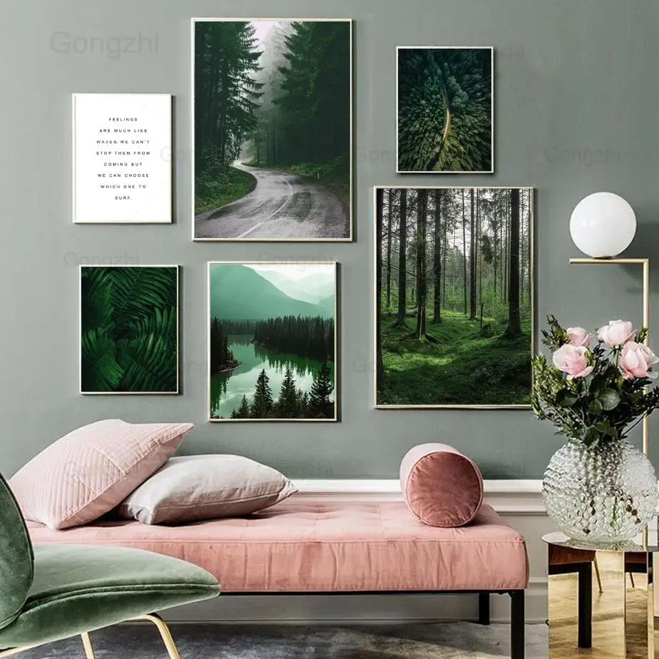 

Mountain Lake Forest Road Quotes Wall Art Poster Nordic Nature Landscape Canvas Painting Modern Green Jungle Photography Picture