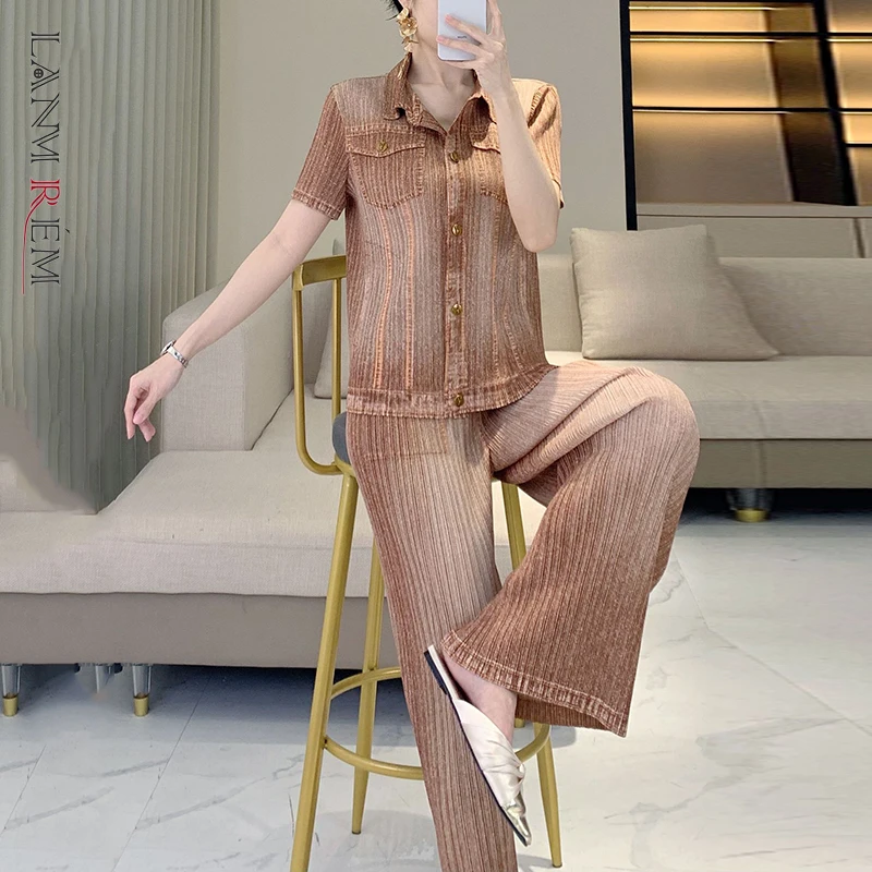 LANMREM High-end Simple Pleated Cardigan Short Sleeve Shirt And Straight Pants Fashion Imitation Denim Set For Women 2DB4494