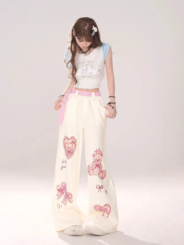 QWEEK Y2k Coquette Kawai Cute Print Sweatpants Women 2024 Spring Autumn Fashion Bow Bear Print Straight Pants Trousers