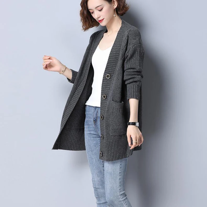 

New Knitted Coat Female Korean Soft Comfortable Long Sleeve Screw Thread Sweater Women Elegant V-Neck Thicken Cardigan Autumn