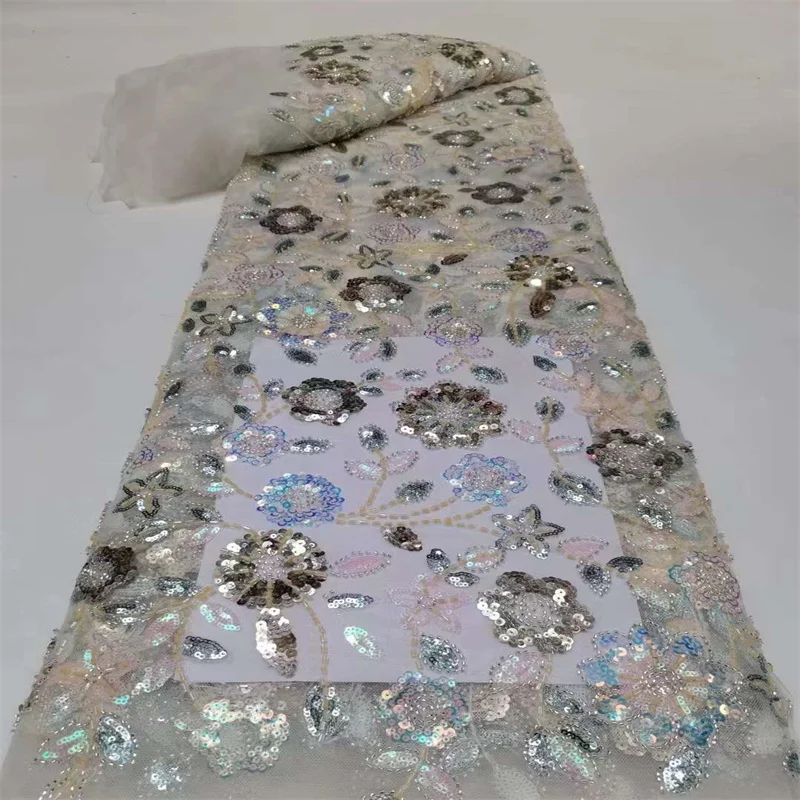 

French Tulle Lace Fabric for Gown Sewing Accessories 5 Yards African Sequins Lace Fabric for Wedding Party Dress SQXN07