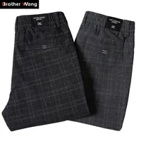 2023 New Men's Casual Plaid Pants Business Casual Slim Fit Dark Grey Classic Style Elastic Trousers Male Brand Clothes