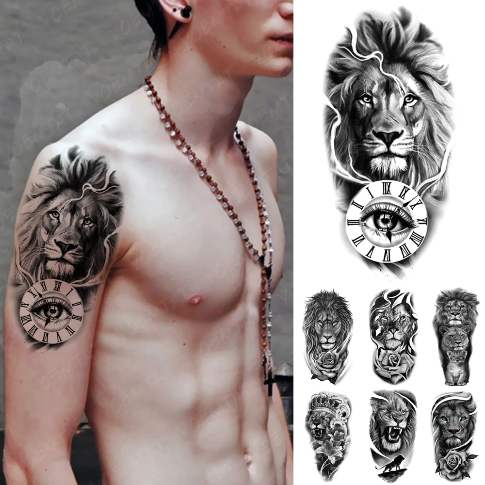 

Waterproof Temporary Tattoo Sticker Lion Rose Clock Flash Tattoos Tiger Leopard Wolf Crown Body Art Arm Fake Tatoo Men Women