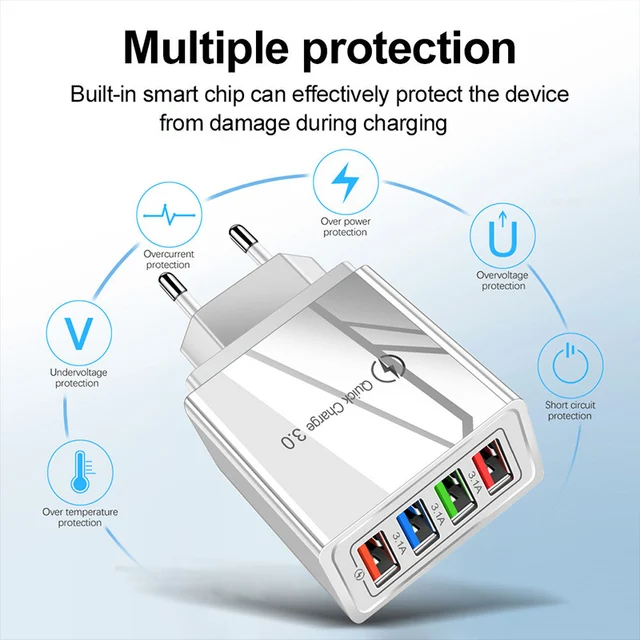 شاحن سريع USB متعدد المنافذ ، 3A ، 4 USB ، شحن سريع ، محول هاتف ، كمبيوتر لوحي ، حائط محمول ، شاحن سريع لـ Poco ، EU ، قابس لنا