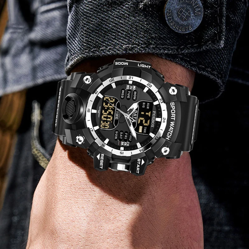 FOXBOX Watches For Men Top Brand Digital Chronograph Sports Quartz Wristwatch Waterproof Military Silicone Strap Luminous Clock