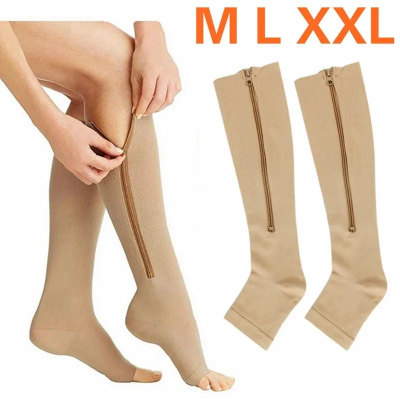 여성용 압축 양말, 스포츠 압력 긴 사이클링 지퍼, 전문 다리 지지대, 두꺼운 양말, 20-30mmhg, 카키 블랙 L/XL XXL..