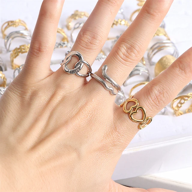 10/20Pcs/Lot Fashion Stainless Steel Adjustable Opening Ring For Women Men Mix Style Heart Snake Flower Jewelry No Fade
