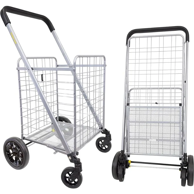 

Cruiser Cart Deluxe 2 Shopping Grocery Rolling Folding Laundry Basket on Wheels Foldable Utility Trolley Compact Lightweight