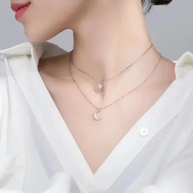 Collier Double couche étoile lune pour femmes, couleur argent, breloque délicate en Zircon, chaîne ras du cou en acier inoxydable, bijoux, nouvelle mode