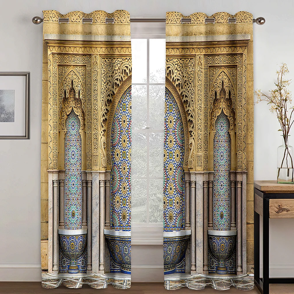 

Luxury Muslim Ramadan Festival Roman Post Shading Drapes Window Curtain Set for Living Room Bedroom Decor 2 Pieces Free Shipping