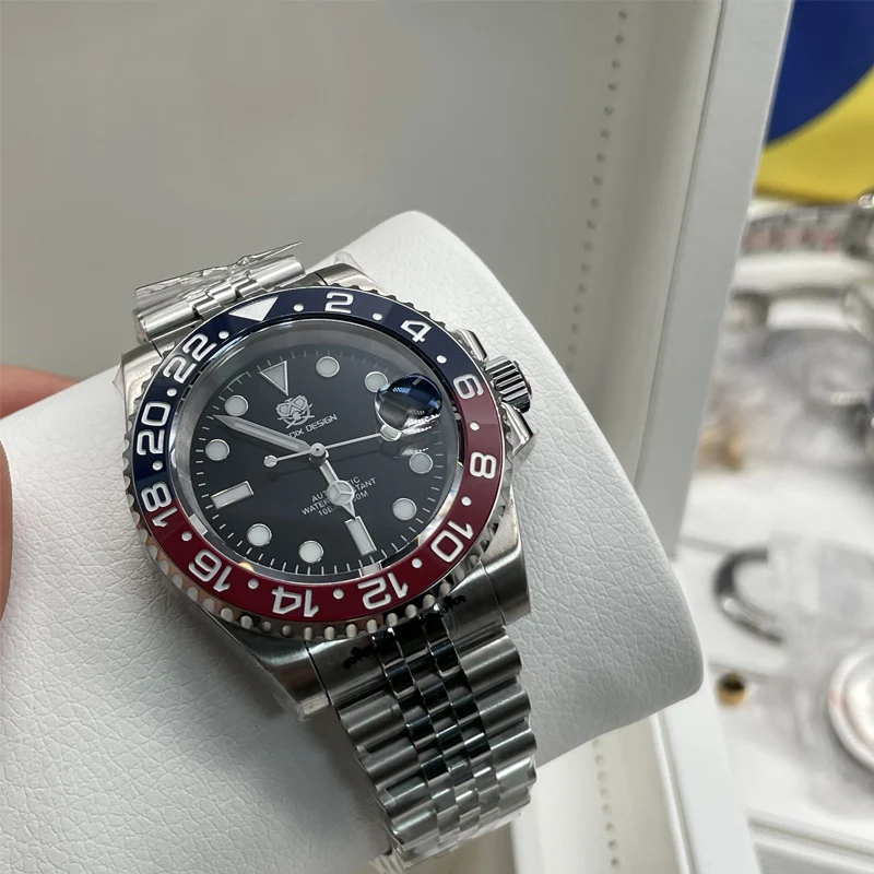 TUEDIX Origenal SEIKO NH35 Movement Watch Men Selfwinding Wristwatch Blue Red Insert Bracelet 100M Waterproof Glass Back