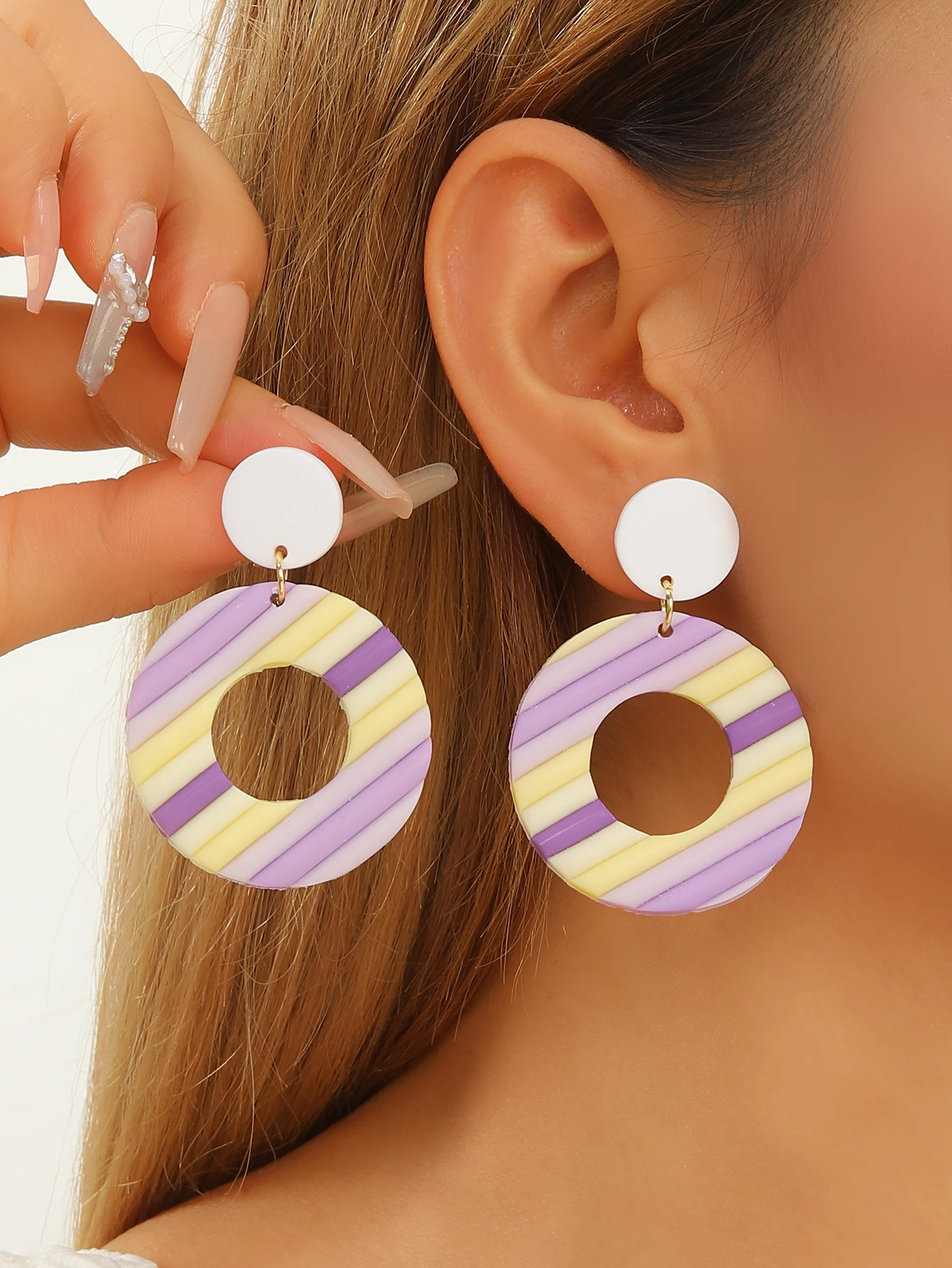 Artistic Lavender Rainbow Clay Earrings with Gold Foil Geometric Dangle