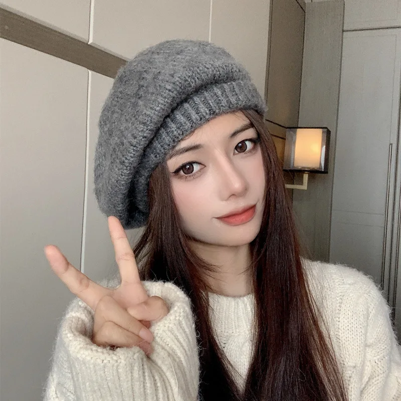 New Fashion Women's Autumn and Winter Hat Female Striped Mohair Knitting Wool Cap Retro Beret Pure Color Painter Cap 4