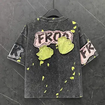 حجم كبير 1XL-4XL المرأة الكرتون المرقعة تي شيرت الصيف موضة المتضخم قمة فضفاضة القطن طاقم الرقبة عادية المرأة تي شيرت 5