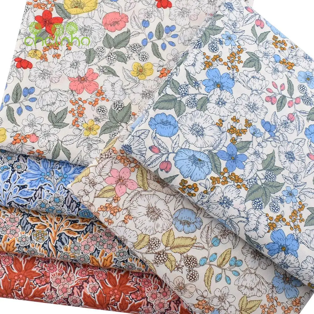 Chainho,Printed Plain Weave Poplin Cotton Fabric,DIY Sewing Quilting Material,Patchwork Cloth,3 Sizes,Floral Series,15PC75