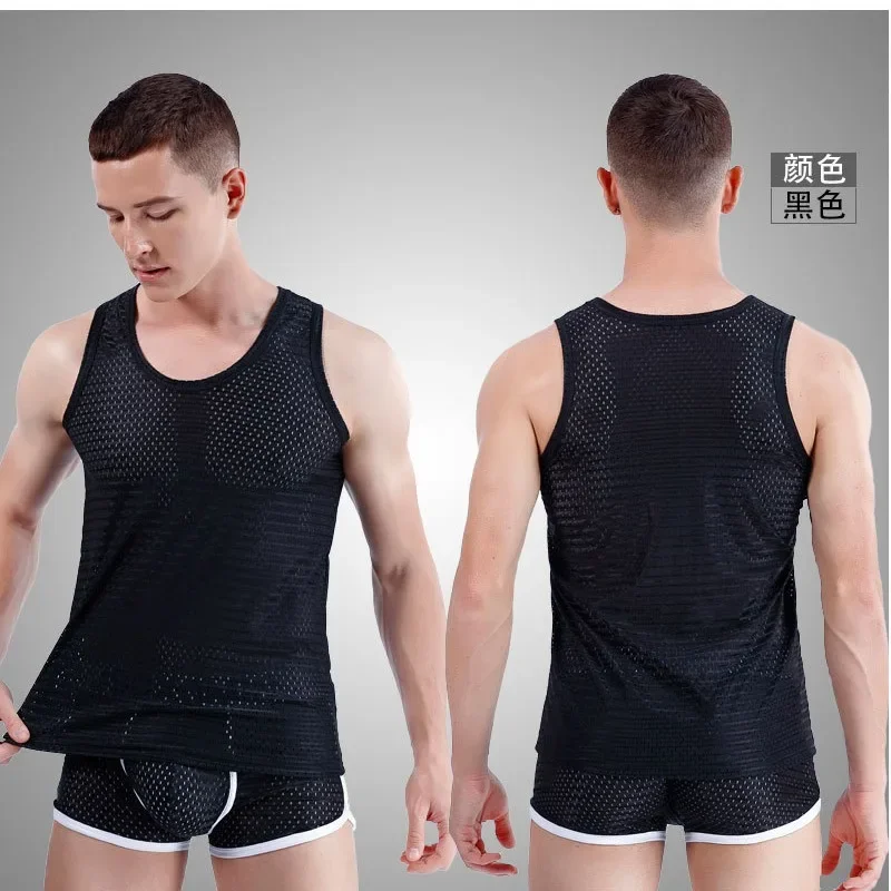 Men Ice Silk Tank Top Underwear Sports Vest Undershirt Mesh Holes Shirts Male Workout Sleeveless Breathable Singlets T-Shirt