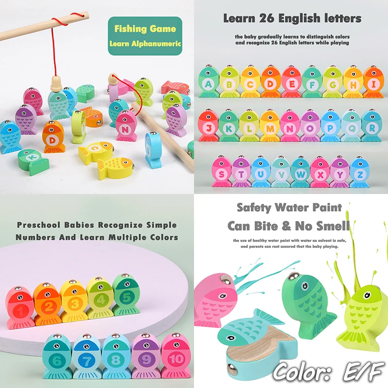 Kids Wooden Montessori Magnetic Fishing Toys Learning Alphanumeric Colors Matching Sorting Interactive Game Early Education Toys