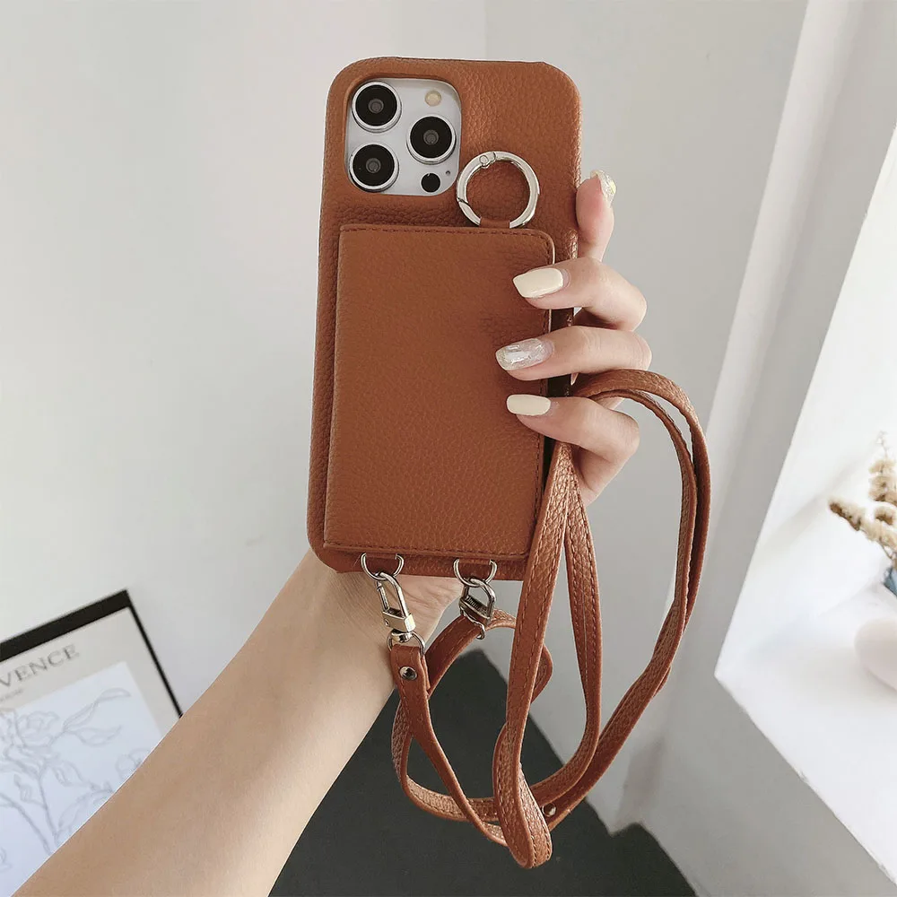 Luxury Wallet Bag Phone Case For iPhone 14 13 12 MINI 11 Pro XR XS Max 6 7  8 Plus Silicone Card Pocket Strap Cover With Lanyard - AliExpress