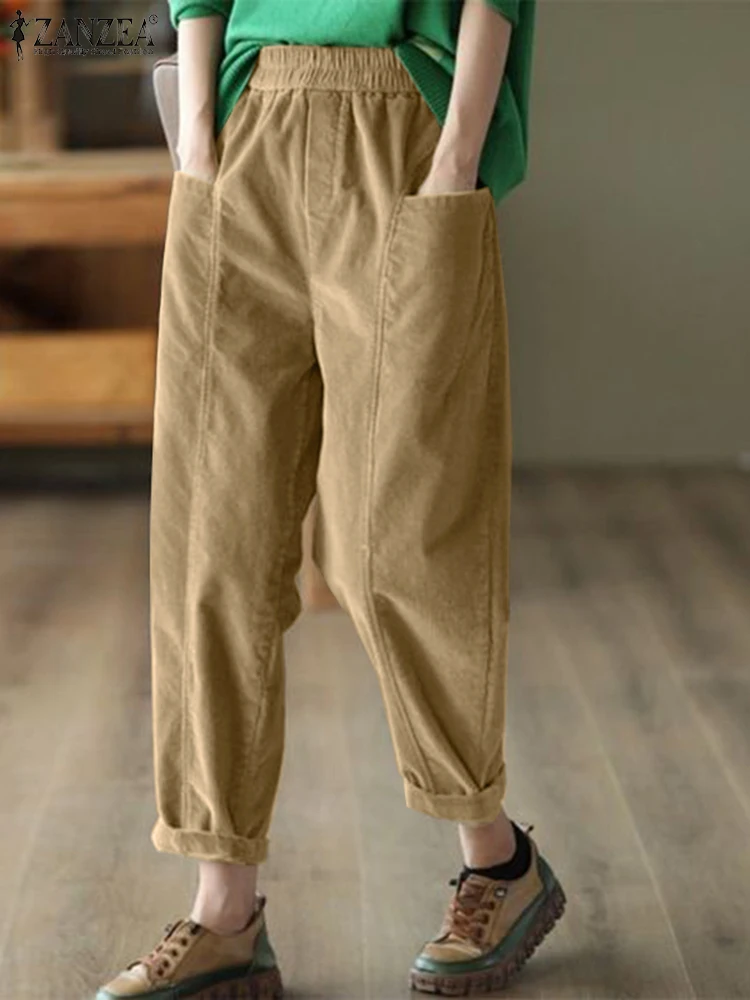 

Women Pockets Long Pants 2024 Autumn Elastic Waist Pantalons ZANZEA Casual Loose Harem Trousers Fashion Solid Color Pants Femme