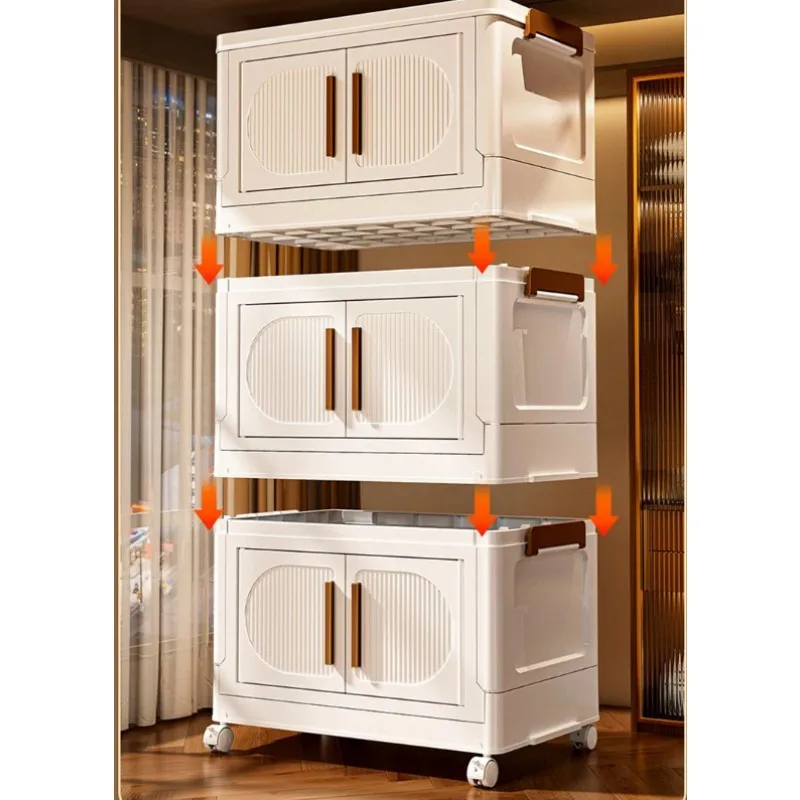 Household Folding Stackable Storage Boxes with Doors and Wheels Large Capacity Plastic Wardrobe Bins Collapsible Cabinet Box