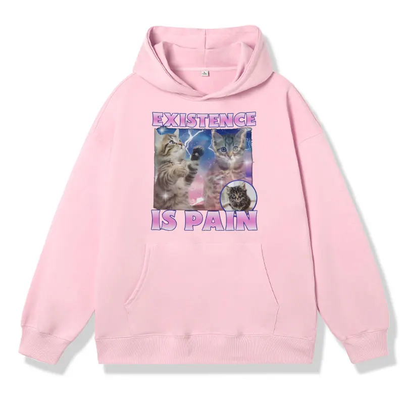 Existence Ls Pain Funny Cat Printed Hoodie Male Fashion Sweatshirt Autumn and Winter Oversized Long Sleeve Fleece Pullover Men