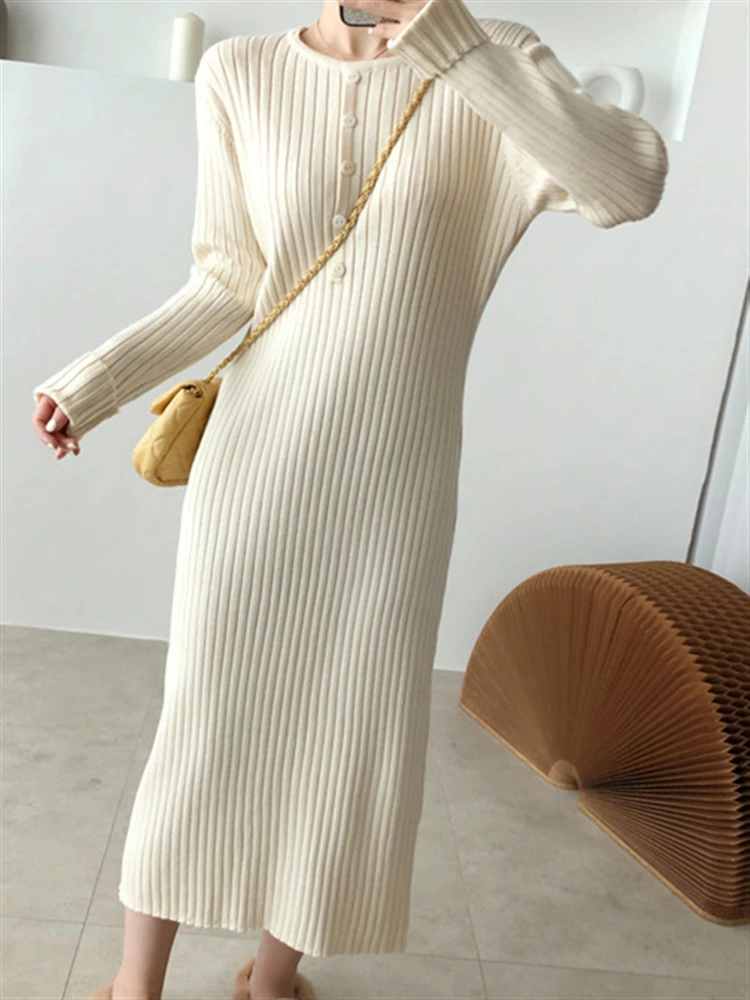 

Loose Knitted Woman Winter Vintage Warm New Clothing Elegant Thick Korean Apricot Sweater Dress Women 2022 Dresses Solid Autumn