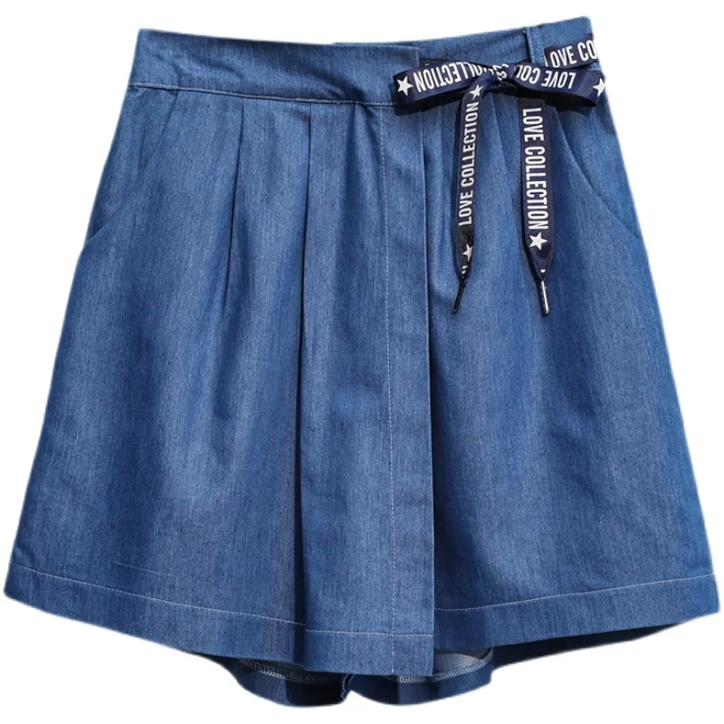 XL-5XL Oversize Wide Leg Shorts Skirts Female Summer Thin Lmitation Denim Drawstring Korean Style Fashion Large Size Blue Shorts