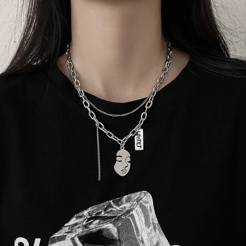 

Multi Layer Necklace For Man and Woman Face Pattern Pendant Stainless Steel Choker Punk Attractive Korean Fashion 2022 New