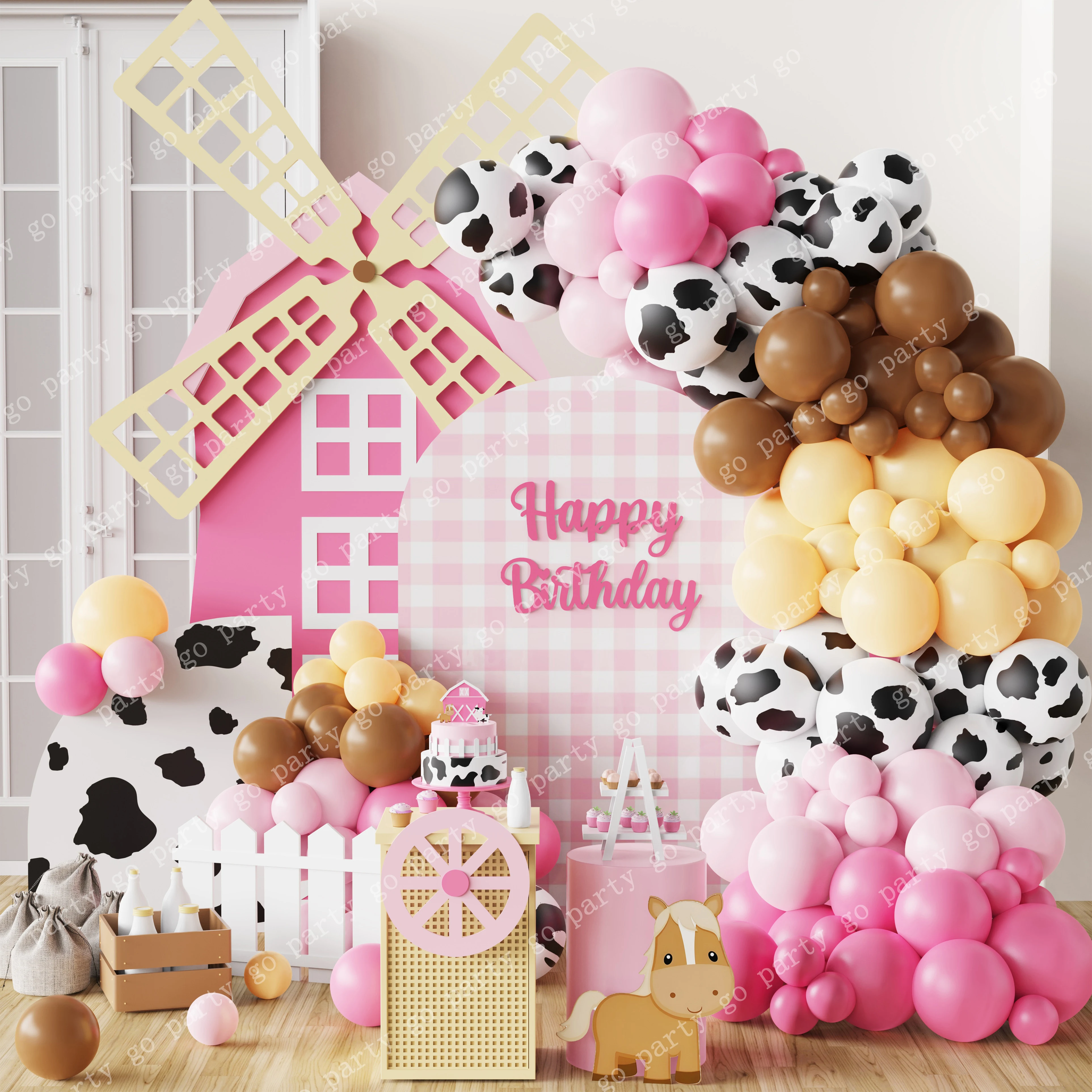 

111pcs Cow Farm Theme Macaron Pink Yellow Print Balloon Garland Girl Birthday Gift Baby Shower Farmland Party Decoration Supplie