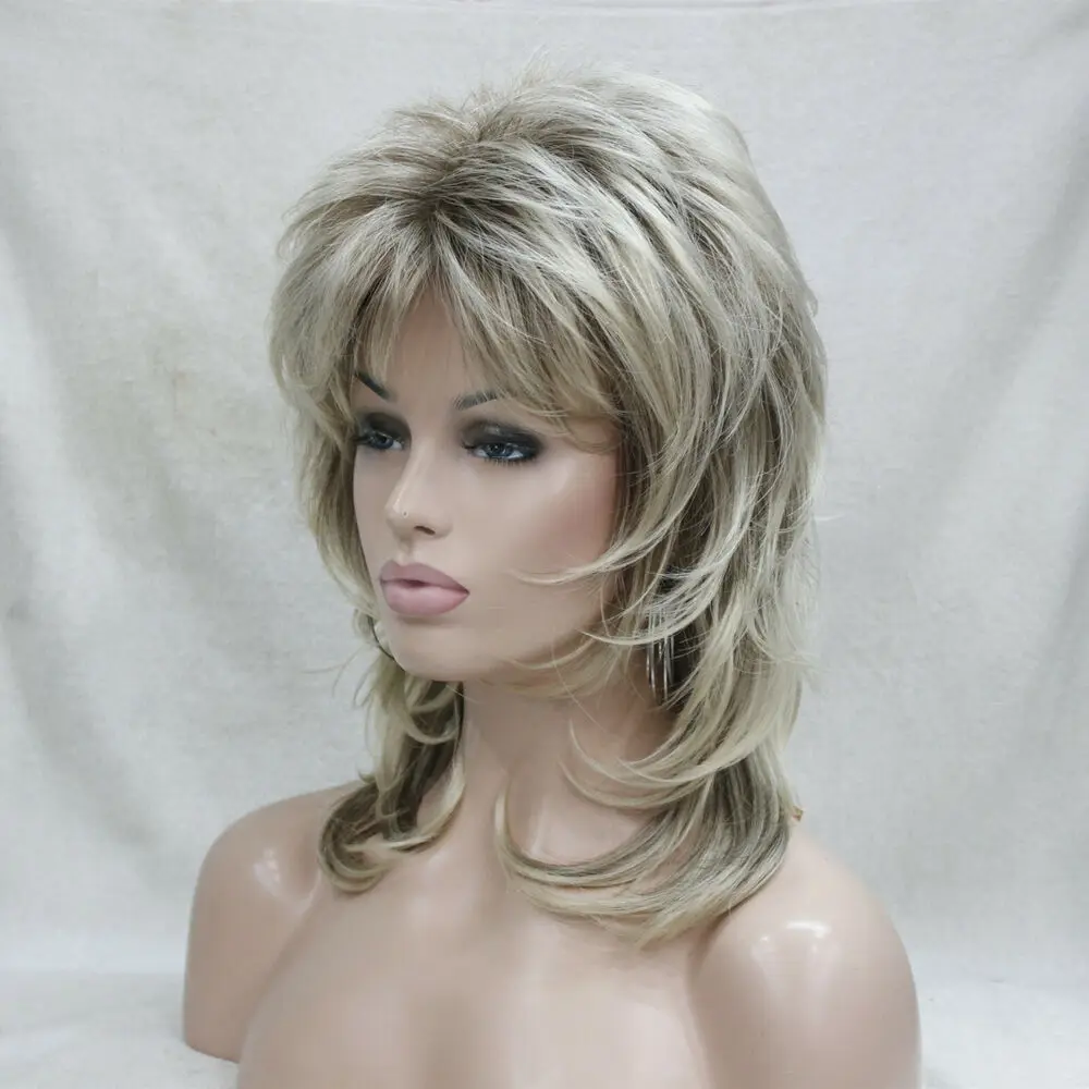 light brown root with blonde tip layered medium length synthetic female wig