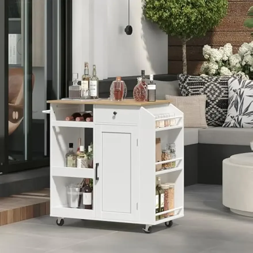Nordic Kitchen Island with Power Outlet, Storage with Drawer, Spice, Towel, Wine Rack, Rolling Cart
