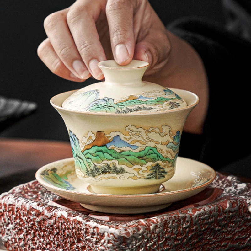 100ml Retro Blue and White Porcelain Gaiwan Chinese Ceramic Tea Bowl Home Tea Infuser Handmade Underglaze Color Set Teacup