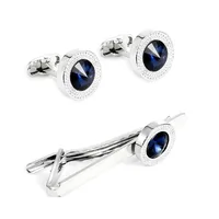 Fashionable Men's French Shirt Accessories Round Blue Crystal Cufflinks Diamond Embedded Sleeve Studs Tie Clip Wedding Gift 6