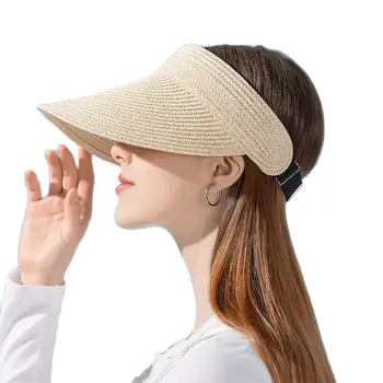 UPF50+ Wide Brim Visor Hat for Women Straw Beach Sun Visor Foldable Ponytail with UV Protection 1