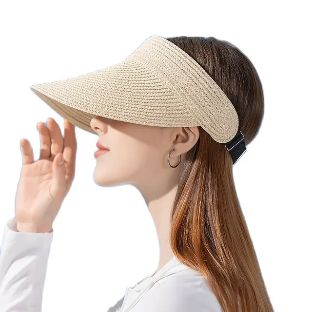 UPF50+ Wide Brim Visor Hat for Women Straw Beach Sun Visor Foldable Ponytail with UV Protection 1
