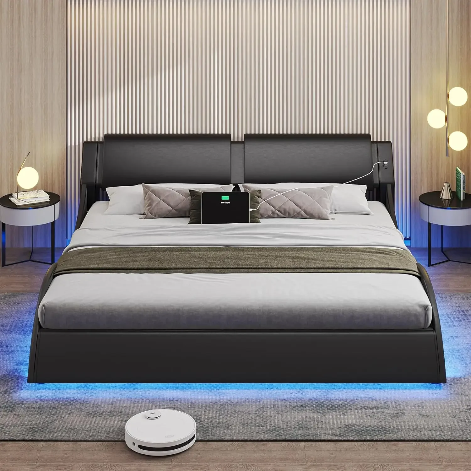 King Bed Frame with Charging Ports and Headboard King Size Platform Bed Frame with LED Lights Wave Like Curve King Led Bed 3