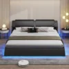 King Bed Frame with Charging Ports and Headboard King Size Platform Bed Frame with LED Lights Wave Like Curve King Led Bed 3