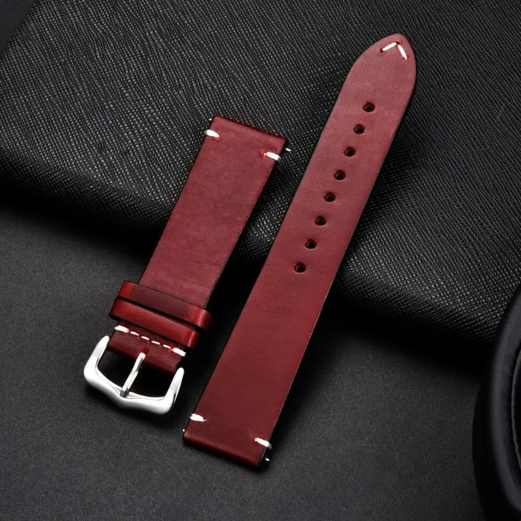 

Hot Sale Oil Wax Oily Discoloration Genuine Cowhide Leather Watchband Watch Accessories Business Strap 18 20 22 24mm Wrist Band