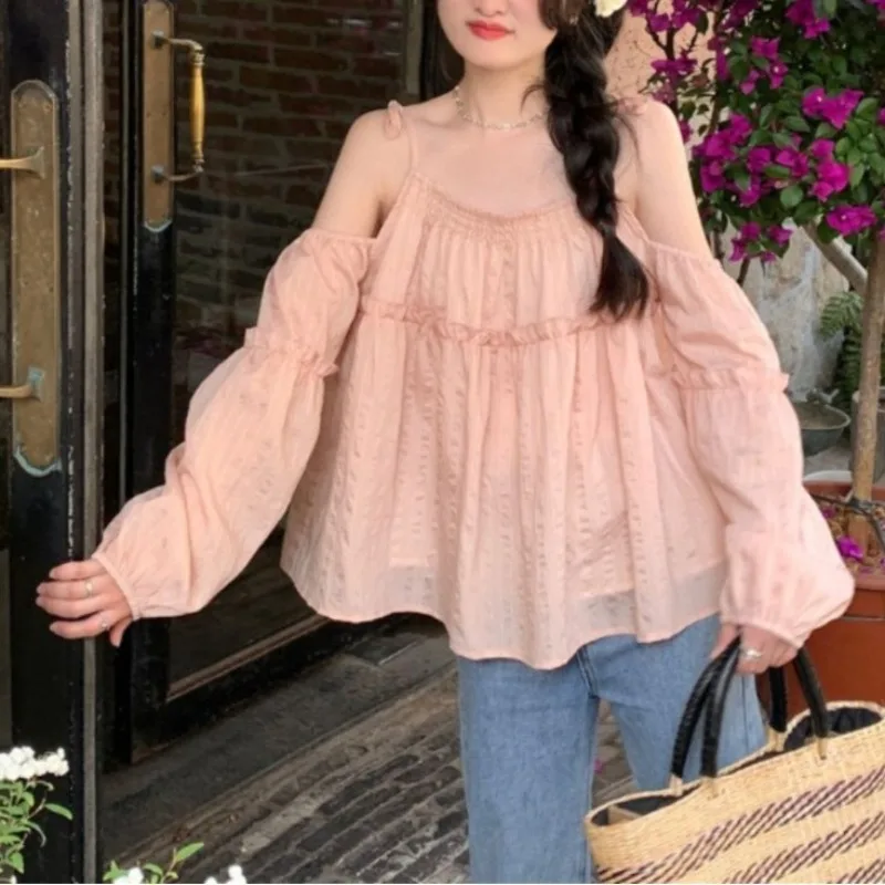 

Chic Off Shoulder Slash Neck Women's Spring 2024 New Sweet Thin Loose Spliced Ruffles Lantern Sleeves Solid Shirt Camissole Tops