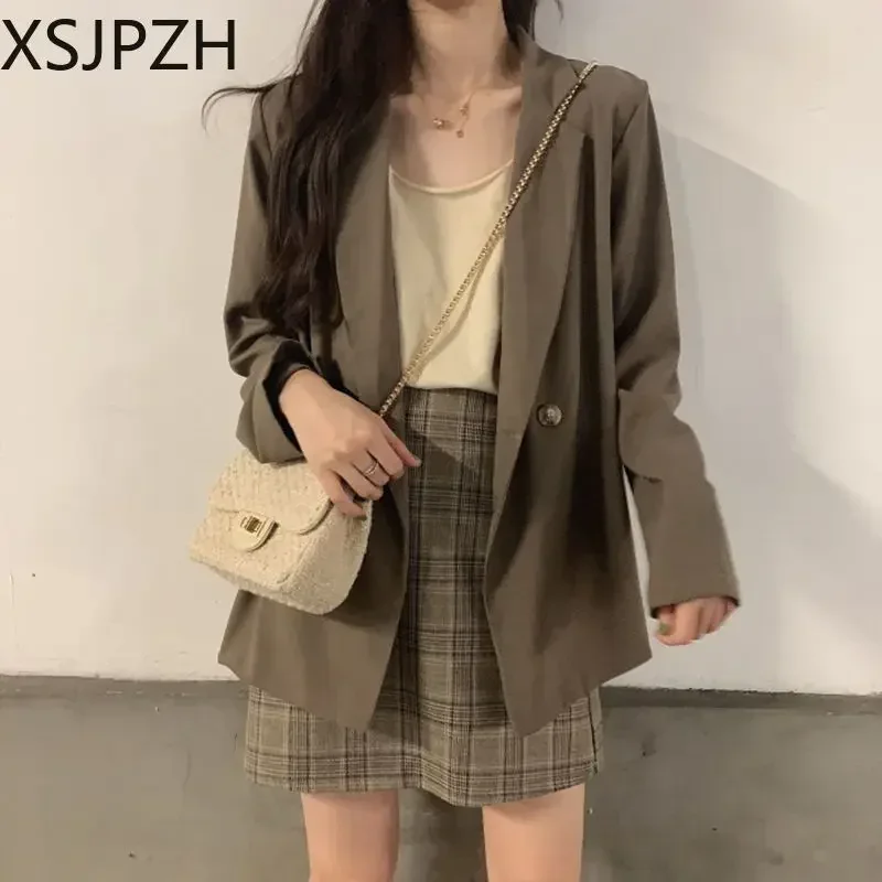 2024 New Spring Korean Version Thin Loose Fashion Plaid Short Skirt Long Sleeved Small Suit Jacket Female Chic Suits Versatile
