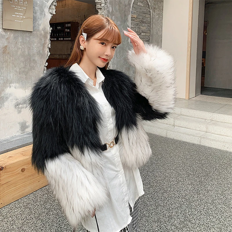 

2023New Raccoon Dog Fur Coat Women Winter Korean Fashion Casual Black and White Contrast Color Stitching Real Fur Jackets Female