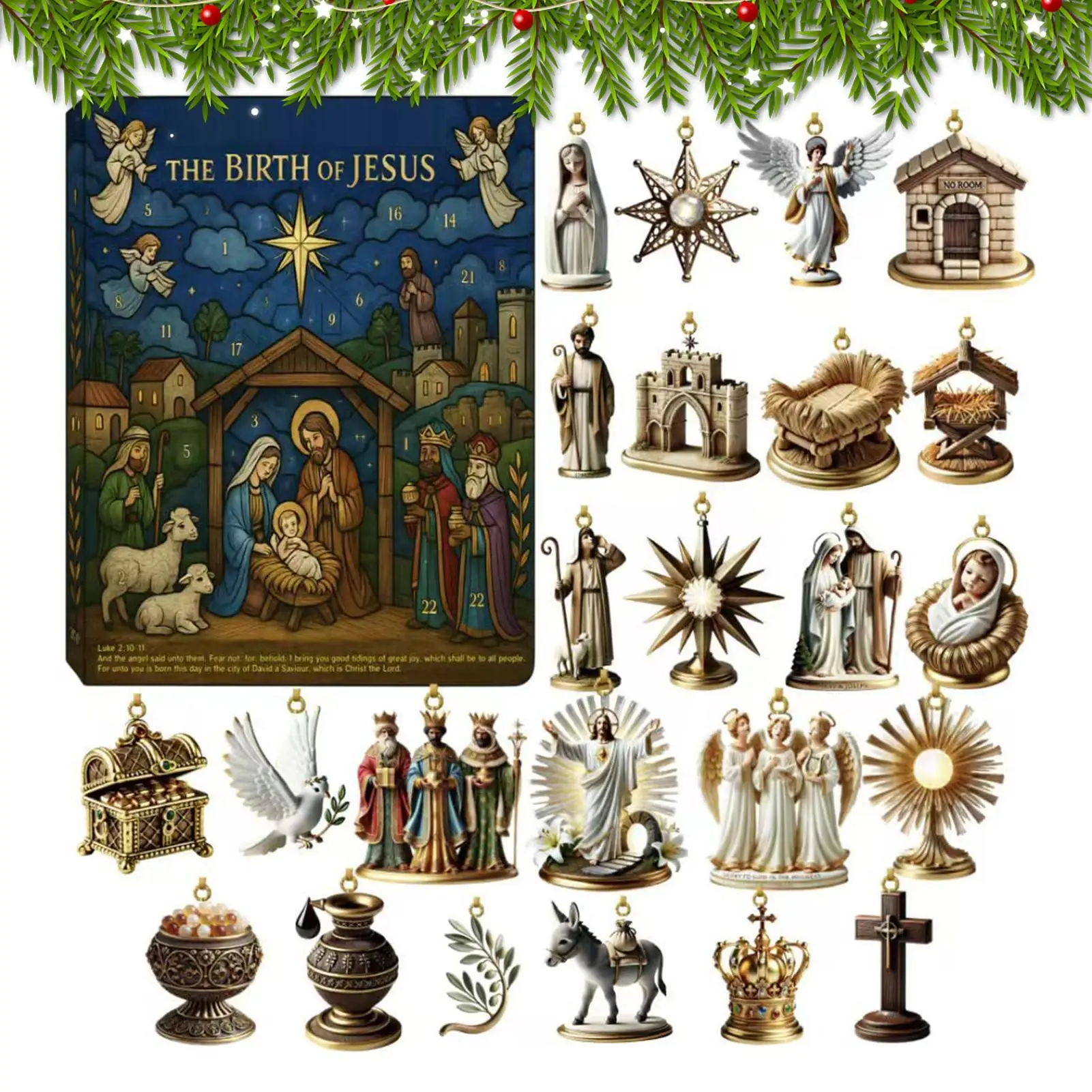 Christmas pendant Advent calendar 24-Pendant Nativity of Jesus Countdown Calendar Nativity Figurine Set, Nativity Playset