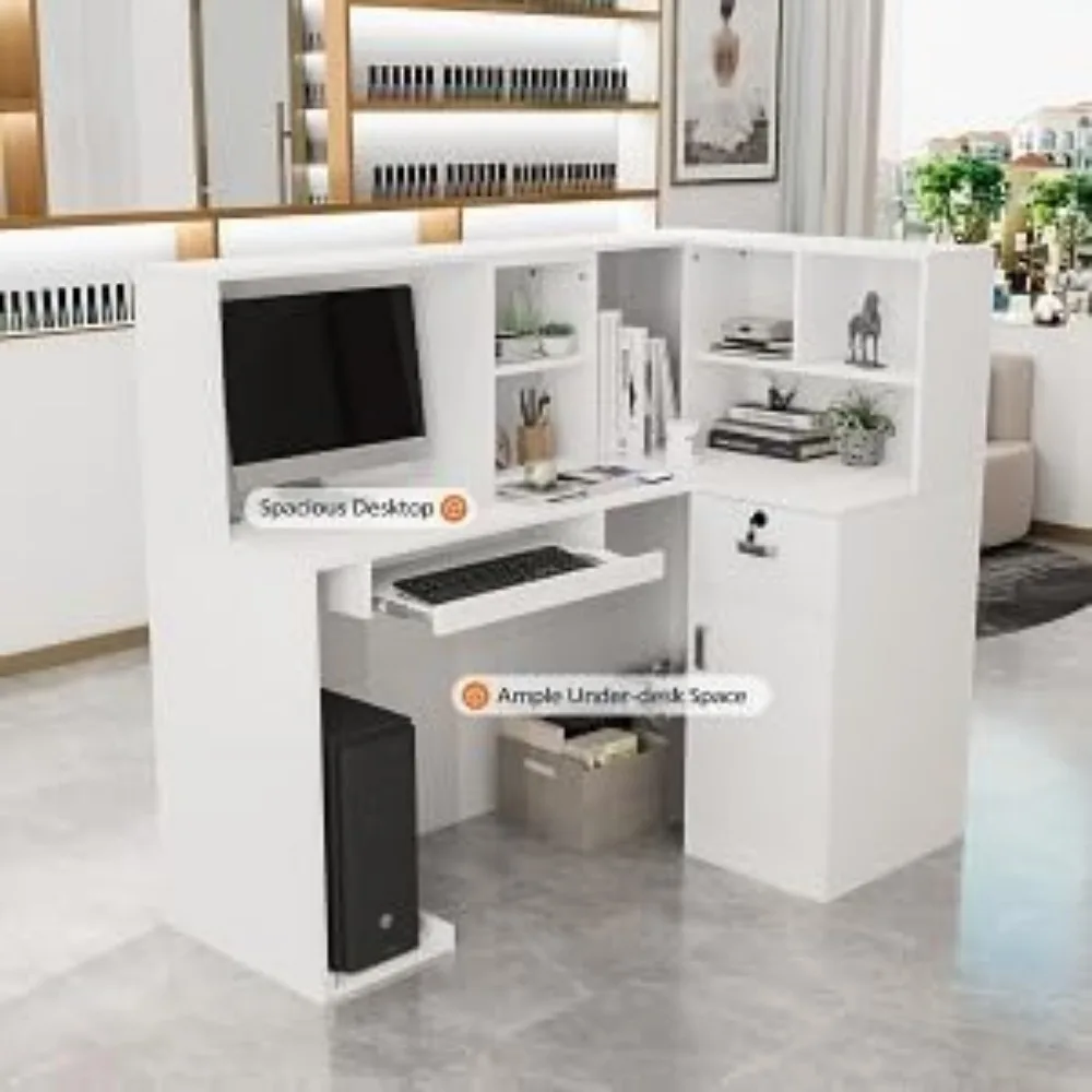 Reception Desk, L Shaped Standing Front Desk Reception with Counter, Lockable Drawers & Adjustable Shelf for Salon Office
