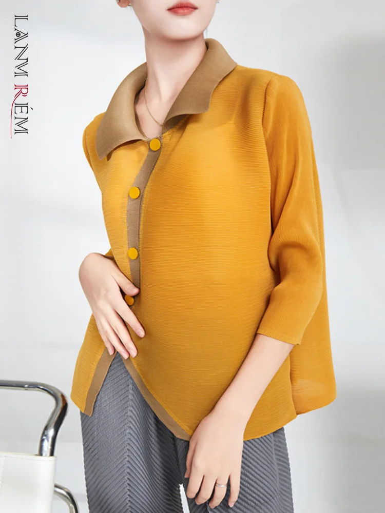

LANMREM Irregular Single Breasted Pleated Shirts For Women Lapel Loose Chic Color Block Top Female Fashion Clothing 2R7766