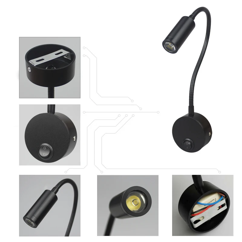 Bedside Reading Lamp Variable bending 3W LED Book Lamp Warm White wall Night light 90-260V fixtures Spot LED Cord led wall lamp