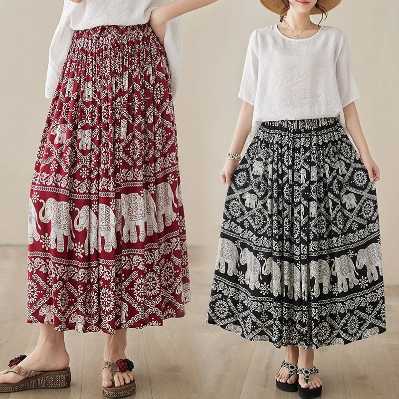 

Женская юбка-макси в богемном стиле, трапециевидная юбка с этническим принтом и эластичным поясом, лето
