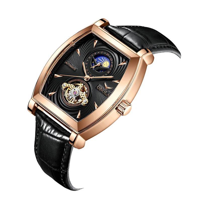 Luxury Business Sports Stainless Steel Watch Leather Strap ONOLA Waterproof  Casual Men Mechanic Watches