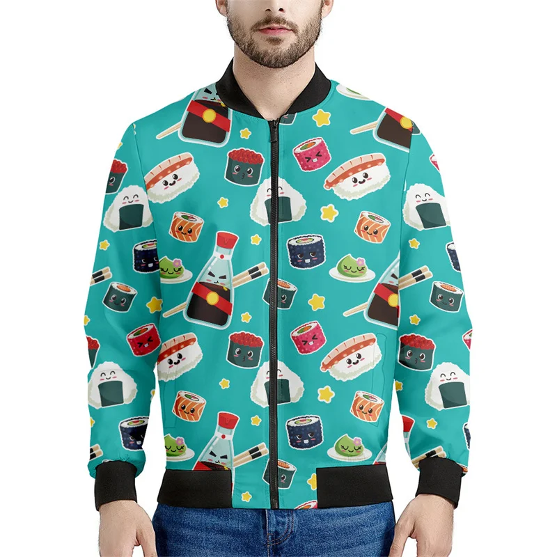 thumbnail image 1 of Chaqueta bomber con estampado 3D de rollos de sushi japoneses para hombres y mujeres, sudadera de gran tamaño, camisetas de primavera y otoño, chaquetas con cremallera de manga larga, 1 of 5